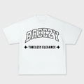 White t-shirt with 'BREEZY TIMELESS ELEGANCE' text on a black background
