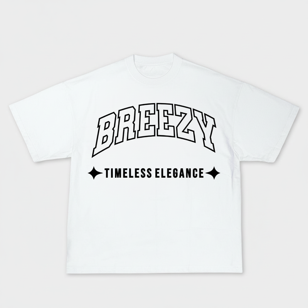 White t-shirt with 'BREEZY TIMELESS ELEGANCE' text on a black background