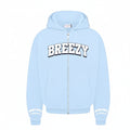Light blue hoodie with 'BREEZY' text on a white background