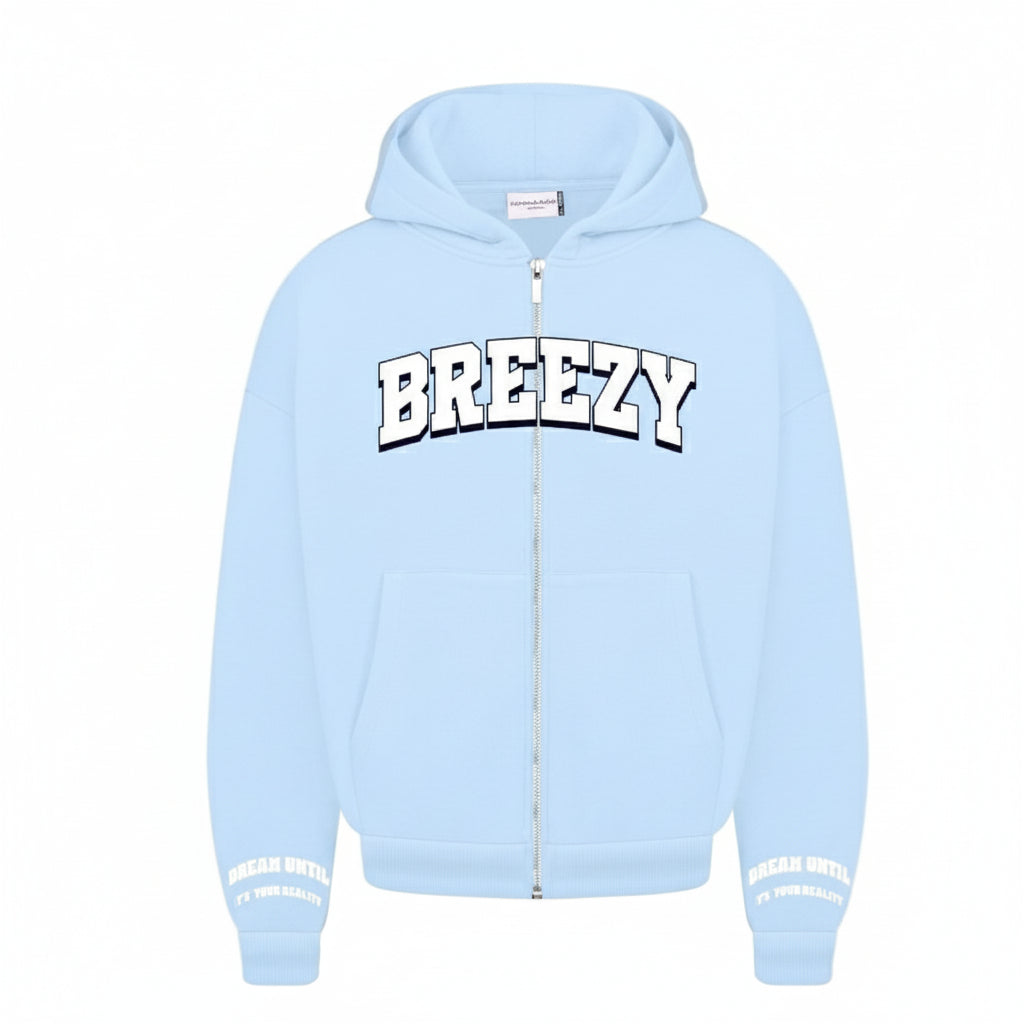 Light blue hoodie with 'BREEZY' text on a white background