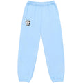 Light blue sweatpants with a logo on a white background