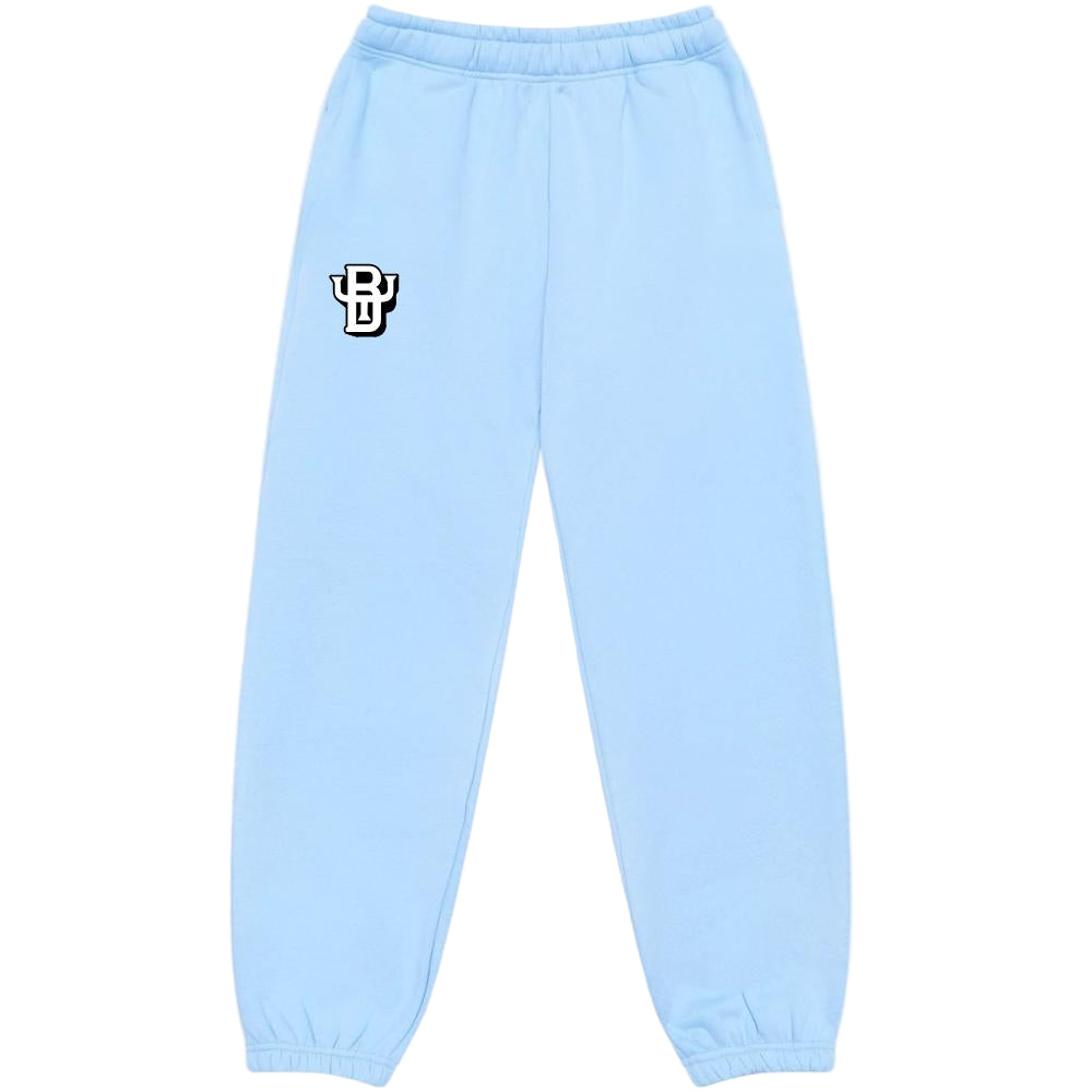 Light blue sweatpants with a logo on a white background